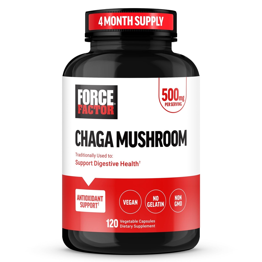 FORCE FACTOR Chaga Mushrooms Capsule, Mushroom Supplemento per sostenere la salute e la digestione del fegato, fatto da funghi reali, vegan, non OGM, 120 capsule