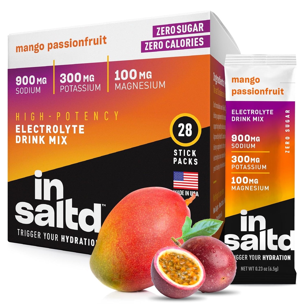 Imballaggi in polvere di elettroliti senza zucchero di INSALTDTM con nessun retrogusto Stevia | Confezioni ad alta potenza | Bevande elettrolitiche Keto | Miscela di bevanda di di digiuno intermittente | 28 Pack (Mango Passionfruit)