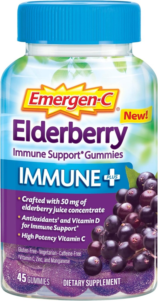 Emergen-C Immune+ Elderberry Gummies, 750 mg di vitamina C con vitamina D, zinco ed elettroliti, Immune Support Supplemento dietetico, Caffeina Free, Gluten Free, Elderberry Flavor - 45 Count