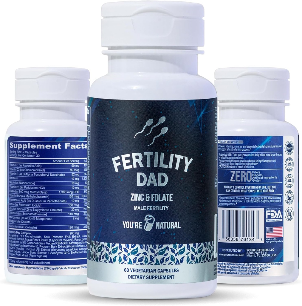 Sei NATURAL Maschio Fertilità Vitamine, Conteggio ottimale dello sperma, Motilità e resistenza, Ashwagandha, Acido Folico 800 mcg, Magnesio, Maca Root, L-carnitina, Vitamina C, E, D3, Zinc | 30 giorni di alimentazione