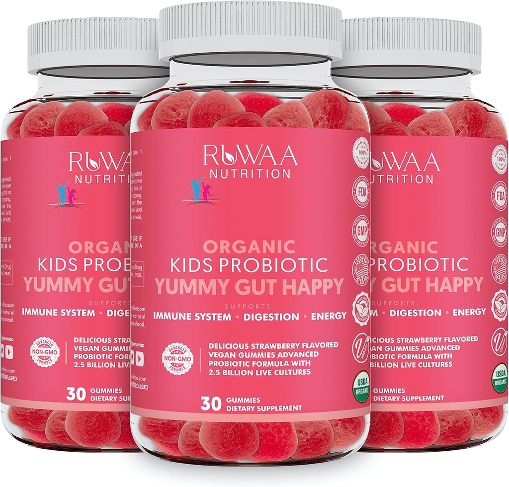 Probiotici per la salute digestiva, chewable Daily Probiotic per bambini età 4+. Oral Care, Abdominal Discomfort, Gut Health. Sapore di fragole, USDA Organic, Probiotici per bambini 90ct (3)