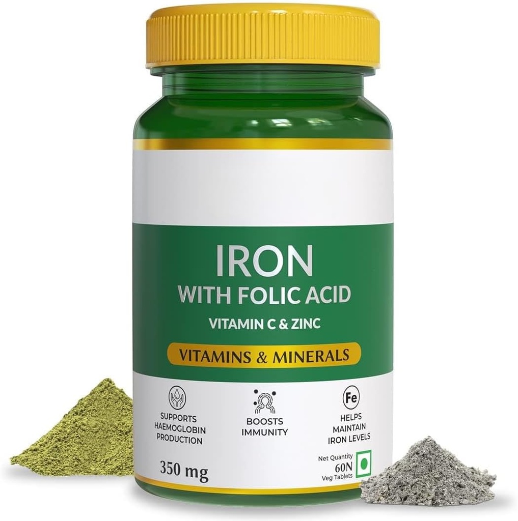 Iron naturale con acido folico, zinco, vitamina C & vitamina B12 per la produzione di emoglobina di sostegno, aumentare l'immunità e mantenere il livello di ferro - 60 compresse di veg