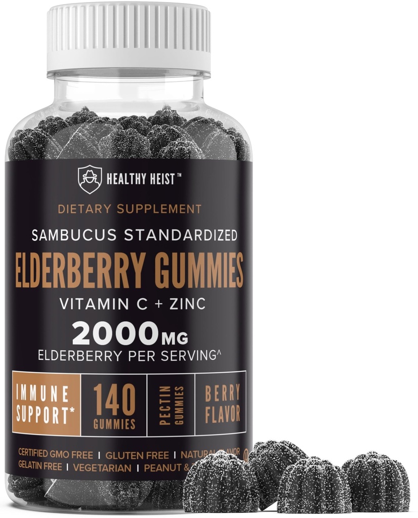 Sambucus Black Elderberry Gummies con zinco e vitamina C, 140 Gummies, Chewable Immune Support per adulti e bambini, Non OGM, Kosher, Pectin, Vegan, Delicious Berry Flavor