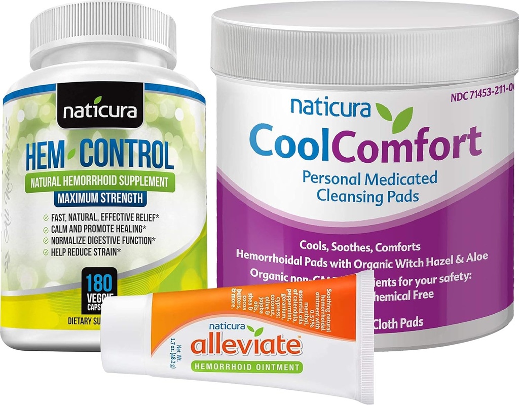 Bundle - Allevia l'unguento naturale di sollievo emorroidi, Hem-Control Natural Hemorrhoid Supplement (180 Count), e CoolComfort Personal Cleansing Pads (100 Count) - All-Natural, Fast Acting