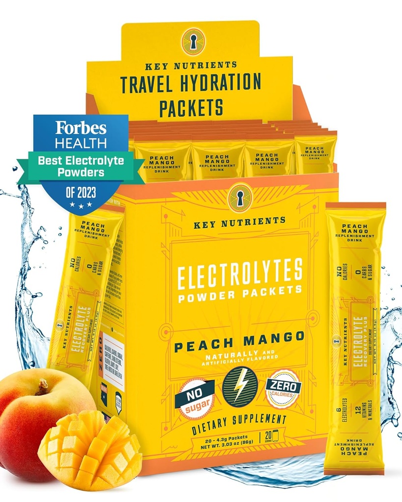 KEY NUTRIENTs Electrolytes Powder Packets - Tropical Peach Mango 20 Pack Hydration Pack Pack Pack - polvere di idratazione di viaggio - senza zucchero, senza calorie, senza glutine - Made in USA