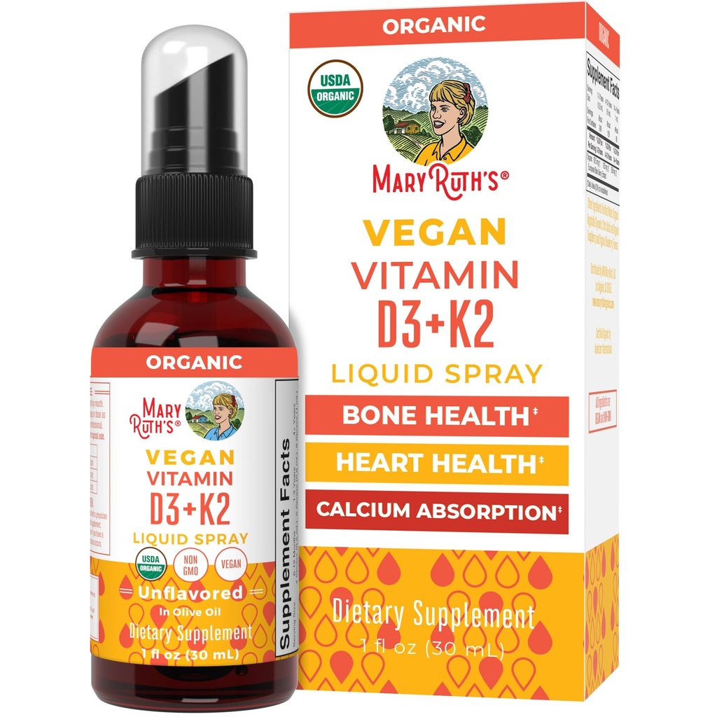 Lo spray organico D3 + K2 di MaryRuth per adulti e bambini per la salute di ossa | vitamina D3 come colecalciferol | vitamina K2 | Immunity | Assorbimento minerale | Salute cardiaca | Vegan | Non-GMO | Gluten Free | 1 Fl Oz