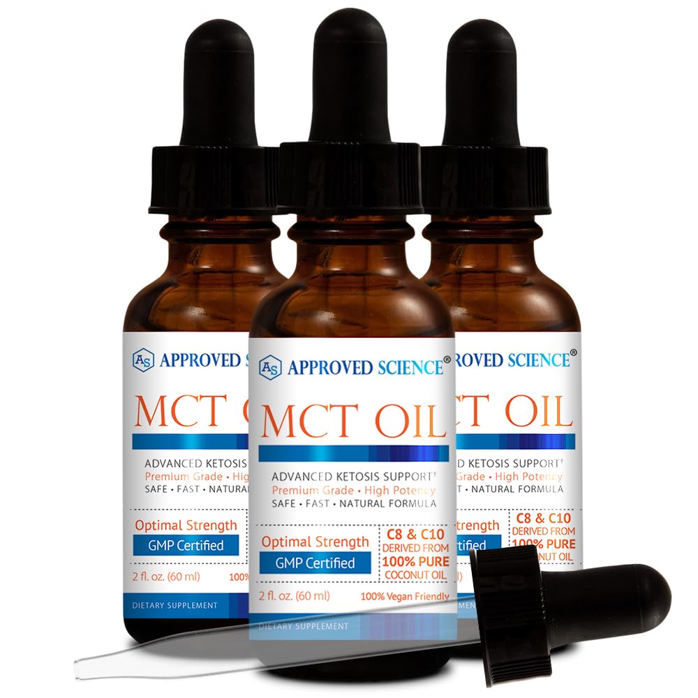 Olio MCT approvato Science® - Trigliceride puro a catena media (MCT) Olio derivato da noci di cocco con acido caprilico (C8) e acido caprico (C10) - Vegan, 60 ml - Confezione da 3