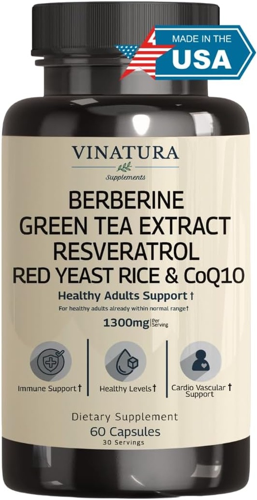 VINATURA Berberina HCL & Ceylon Cinnamon - Riso di lievito rosso & CoQ10 1300mg per porzione *Stati Uniti Made & Tested* Livelli sani con Estratto di tè verde, Resveratrolo, Magnesio, Glycinate, Cromo Picolinato