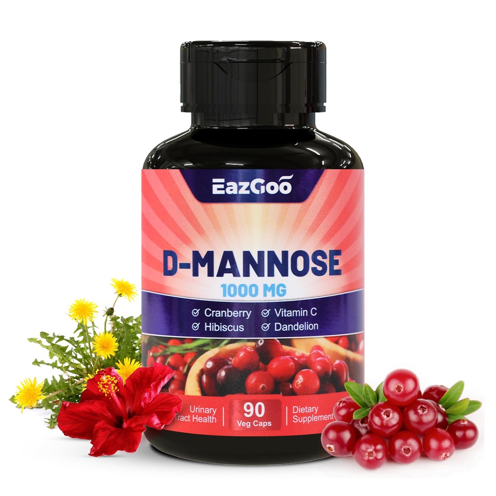 D-Mannose Supplemento – 1000mg Capsule con Mirtillo, Vitamina C, Estratto di Ibiscus & Dandelion, Supporta la salute urinaria, D Mannose & Cranberry Capsules, 90 Conte