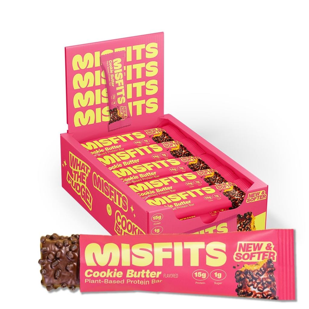 Misfits Vegan Protein Bars, Cookie Butter - Ricetta aggiornata | Plant Based, Low Sugar & Carb, Spuntini ad alta fibra | Confezione di 15