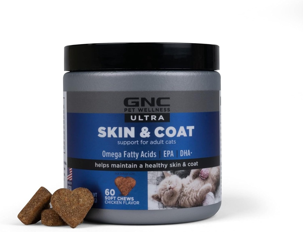 GNC Animali Ultra Skin & Coat Soft Chews, Pollo Flavor Cat Vitamine, Anti Shedding Supplemento per Gatti con pelle secca, Trattamento e Dandruff Relief, 60 Conte