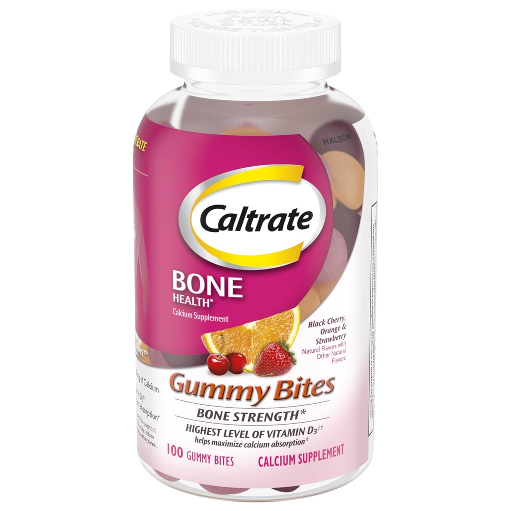 Caltrate Gummy Bites 500 mg Calcium e vitamina D supplemento, Ciliegia nera, Fragola, Arancione - 100 Conte