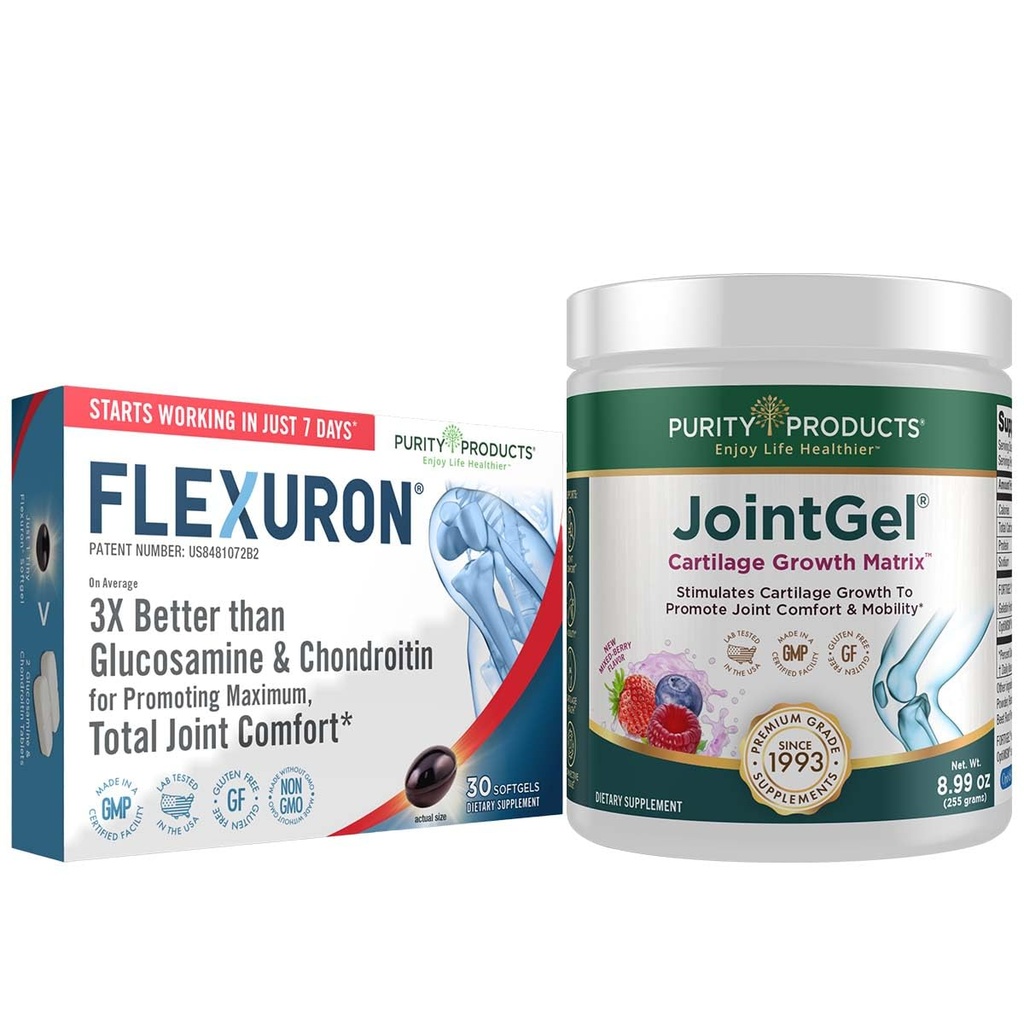 Prodotti di purezza Formula congiunta Flexuron + Joint Gel Flexuron (olio di fiori, acido ialuronico a basso peso molecolare, astaxantina) - Polvere di bacca di gel Joint (petidi di collagene bioattivi + MSM)