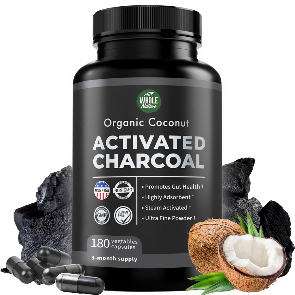 Pure Coconut Activated Charcoal Capsules - 180 Pillole Charcoal, Aiuta con Denti Whitening, Bloating e Body Cleansing. Non-OGM - Senza glutine, Vegan