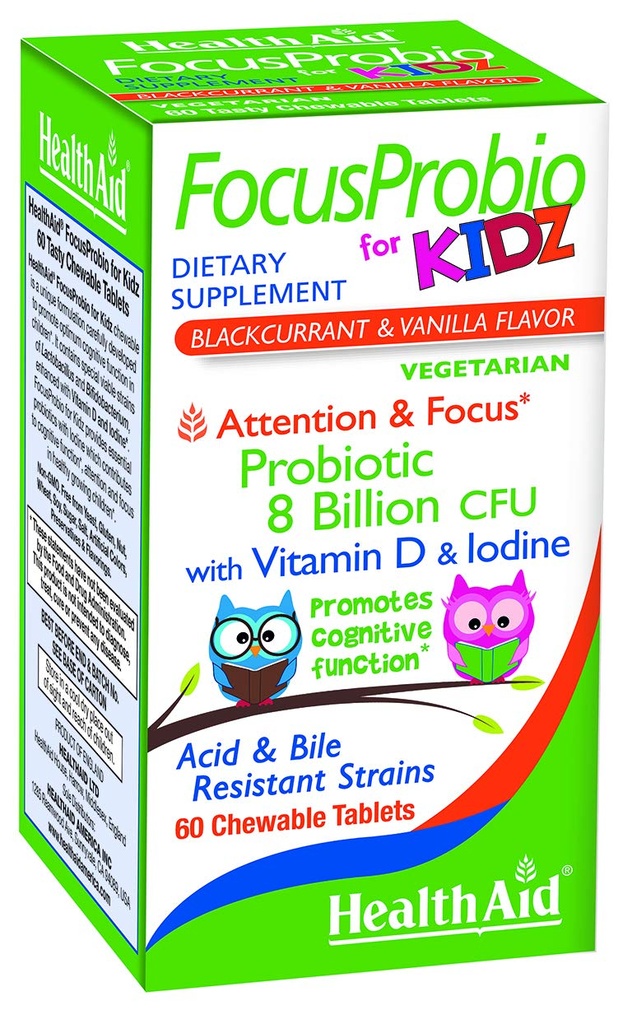 FocusProbio per Kidz, 60 Compresse Chewable, Supporta la funzione cognitiva per attenzione e messa a fuoco. Sapore nero e vaniglia, contiene vitamina D e iodio. Acido & Bile Resistant Strains. Vegetariano