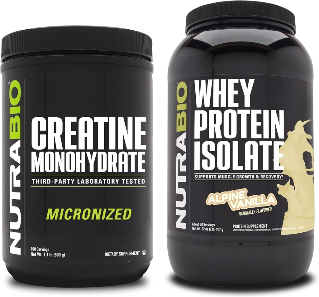 NutraBio Creatina monoidrato, non aromatizzato, isolato di proteine di 500g e di siero, vaniglia alpina, supplemento Bundle - energia muscolare, crescita muscolare magra, recupero e resistenza