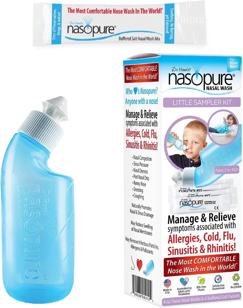Nasopure Nasal Wash, Little Sampler Kit, “The Nicer Neti Pot” Sinus Wash Kit, Confortevole Nasal Rinse 4 Oz Bottiglia & 4 Salt Packets (3.75 Gr Ciascun), Congestione nasale, Freddo, Allergia, Irrigazione nasale