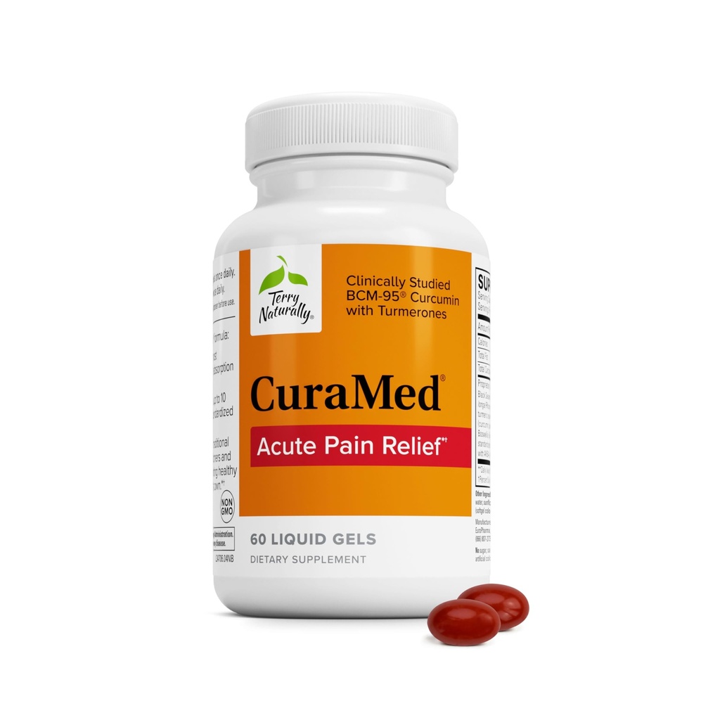 Terry Naturally CuraMed Acute Pain Relief - Supplemento con BCM-95 Curcumin & BOS-10 Boswellia - Olio di semi di sesamo nero per sostenere il sollievo di Discomfort occasionale - 60 Gel liquidi