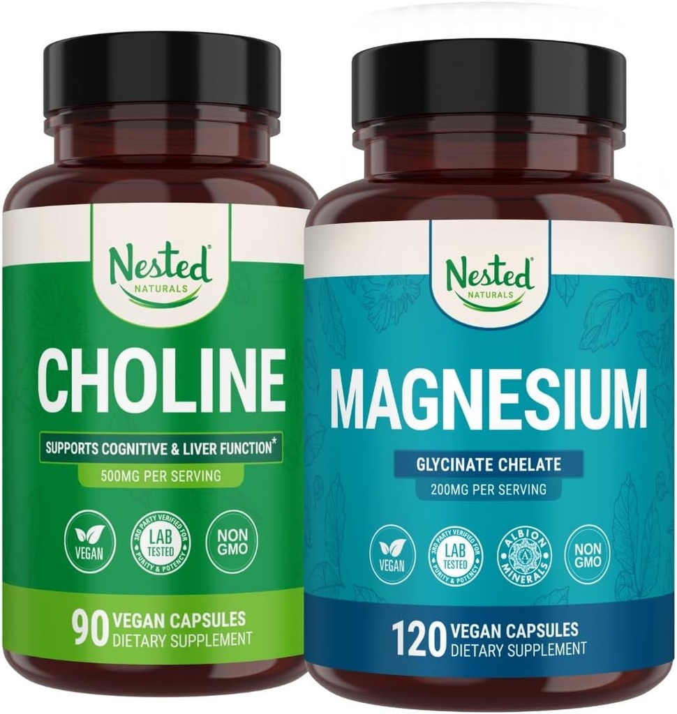 Naturales Choline Bitartrate & Magnesio Glycinate Chelate Stack | Rilassamento, Sostegno al sonno, Prestazioni cognitive (210 Conte)