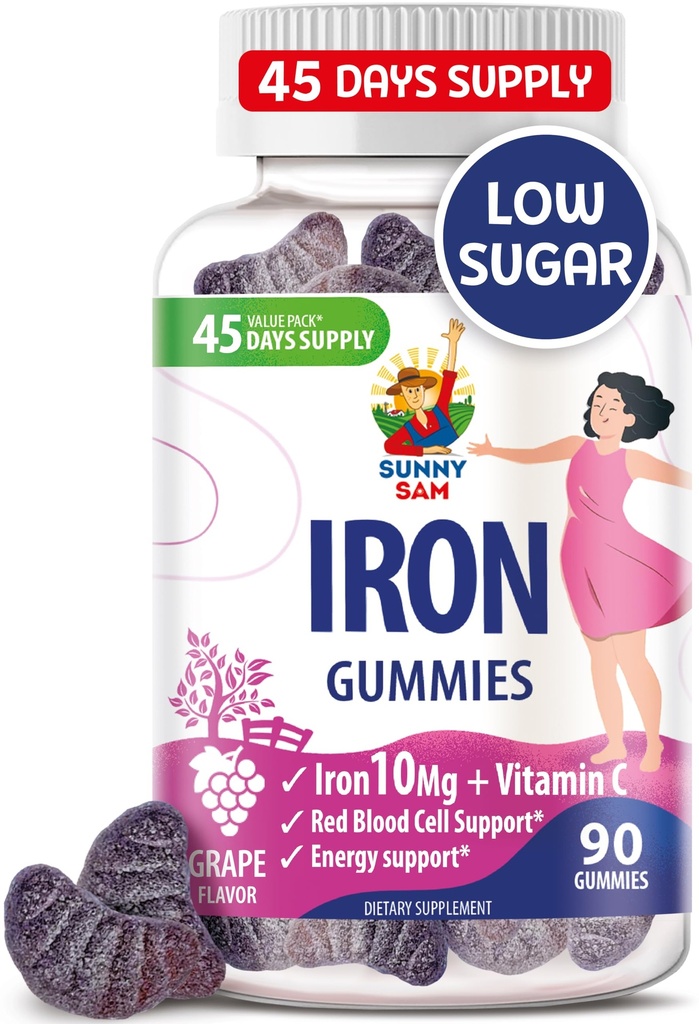 SUNNY SAM Iron Gummies per bambini e adulti - Vitamine di ferro con vitamina C, 10 mg per porzione - Gomma di frutta masticabile per il supporto immunitario Produzione di globuli rossi