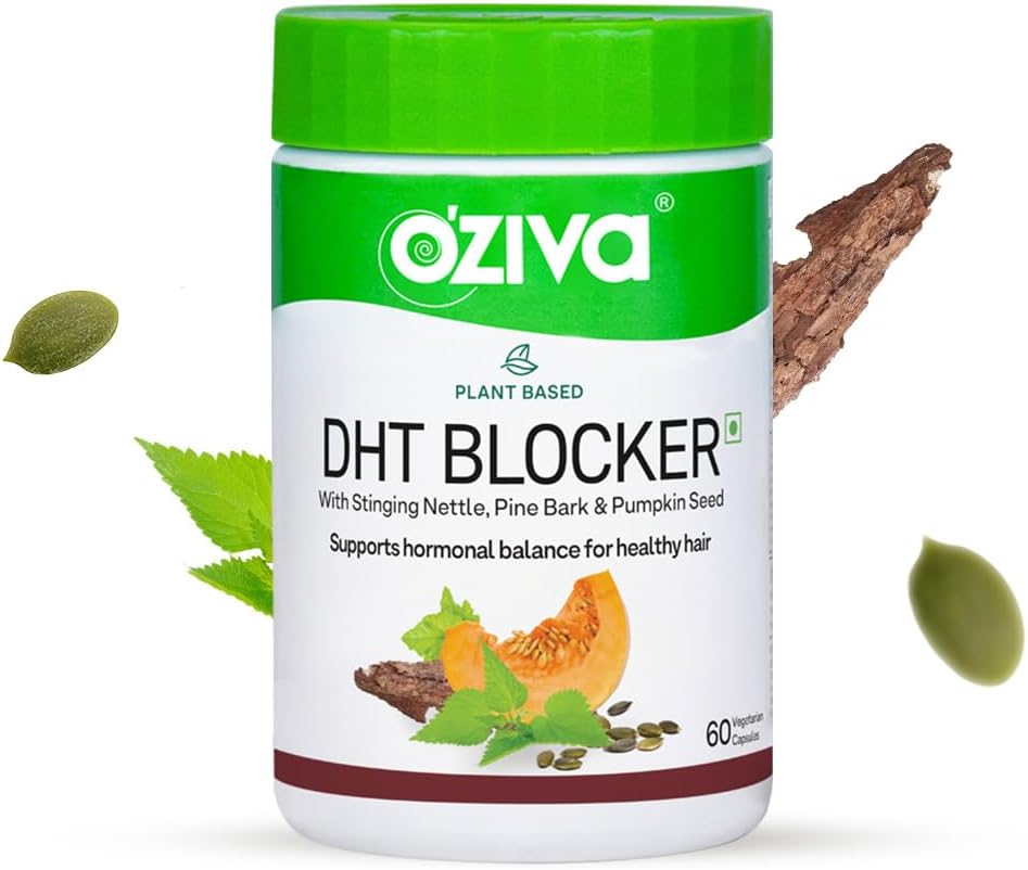 OZIVA Plant Based DHT Blocker Capsules| 60 Count | con ortica, Beta Sitosterol, Semi di zucca, Barca di pino per il controllo della caduta dei capelli & Follicle Stimulation (60 Count)