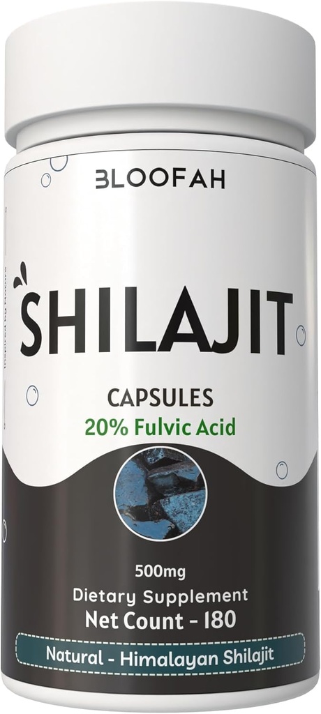 Bloofah Shilajit Capsule 500mg | 20% Estratto di acido Fulvico | Polvere naturale Shilajit (Asphaltum) | Non OGM, Gluten-Free | Premium Wellness Supplement per uso quotidiano (180 Conteggio (Pack of 1))