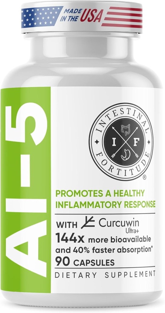 Intestinal Fortitude AI-5 - Supplemento di erbe digestivo w/CurcuWIN, curcuma, curcumina, Boswellia Serrata, Ginger Root & EGCG Tè verde per Gut & DigestiveHealth Support, Non OGM, Dairy Free