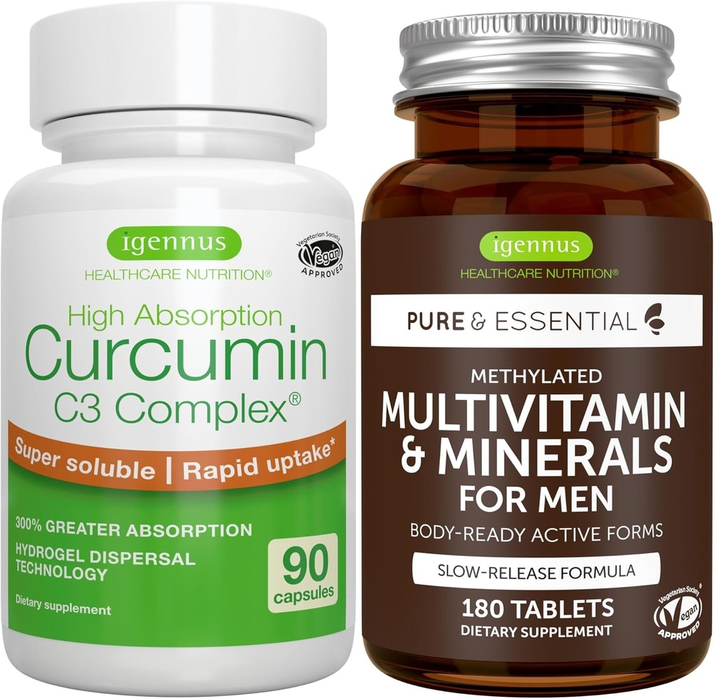 Multivitamina e minerali per gli uomini + alto assorbimento Curcuminoidi C3 Complex, Vegan Bundle, rilascio prolungato Multivitamina + 300% più grande assorbimento curcuminoidi con rapido assorbimento, di Igennus