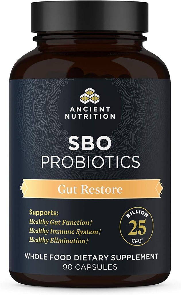 Antichi Probiotici Nutrizione, Probiotici SBO Gut Restore 90 Ct, Promuove la salute del fegato, il supporto digestivo e immunitario, senza glutine, miscela Superfoods, 25 miliardi di CFU* Per Serving, 90 capsule
