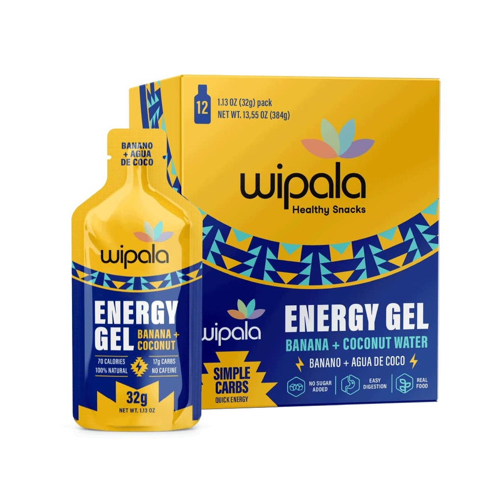 Wipala Energy Gel, Banana Coconut, 12 Pack - Caffeina Free, Certificato Vegan, Non OGM - Energia pulita per l'Esercizio di Endurance, Running & Performance