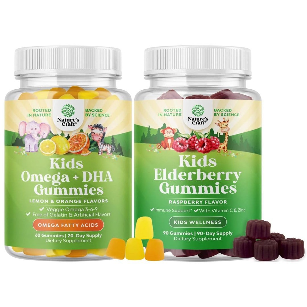 Bundle di bambini DHA Omega 3 Gummies - acidi grassi Omega 3 6 9 per la forza e la visione immunitarie del cervello - DHA nutrizionale e Sambucus Elderberry Gummies per la salute dei bambini - Zinc & Vitamina C per il supporto immunitario