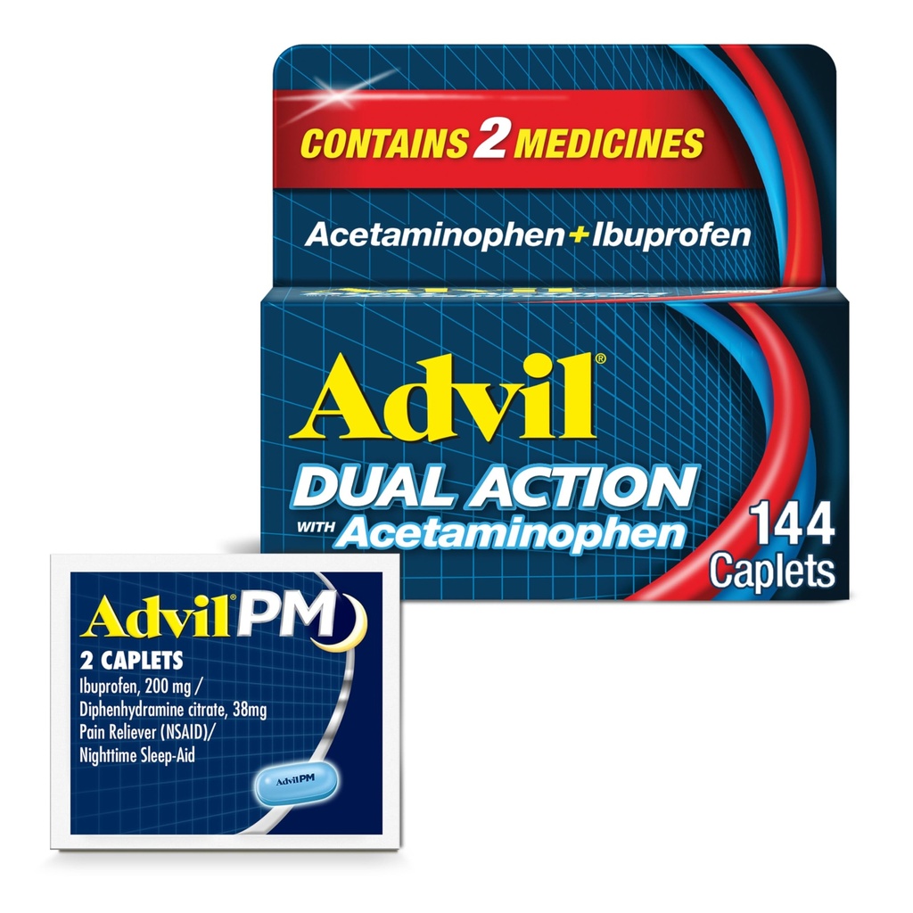 Advil Dual Action Con Acetaminophen E Ibuprofen (2 Dose Equivalent) Per il sollievo del dolore di 8 ore, Coated 144 Ct Caplets E 2 Ct. Campione di Advil PM