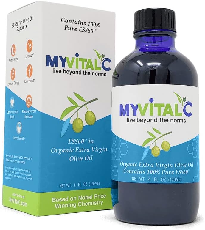 Olio Extra Vergine di Oliva Biologico MyVitalC - Pure ESS60 Integratore Antiossidante - per Antiinvecchiamento, Ossidazione, Longevità, Sonno, Più Energia - 120ML