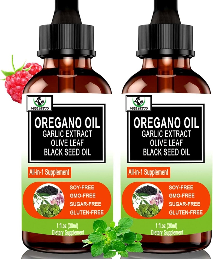 (2 Pack) Olio organico di origano con olio di semi di nero per l'immune, supporto digestivo & antiossidante, w/Garlic Elderberry supporto stagionale 6X Assorbimento Gocce di origano liquido