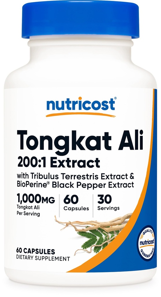 Nutricost Tongkat Ali 1.000mg 60 capsule - con Tribulus Terrestris e BioPerine, Capsula Vegetariana, Non OGM, Gluten Free, Estratto Potente
