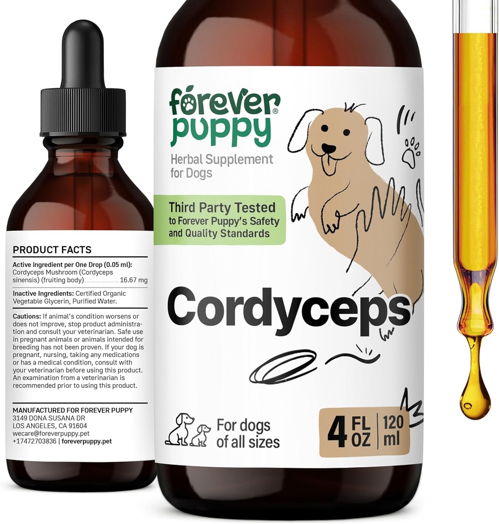 Forever Puppy Cordyceps Mushroom Extract for Dogs - Liquid Energy Support Supplement w/Cordyceps Sinensis for Kidney Cleanse - Gocce di funghi per Dogs' Canine Kidney Health Support - 4 oz