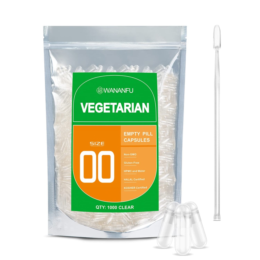 wananfu dimensione 00 capsule vuote vegetariano (1000 conte) bundle con micro laboratorio Spoon, trasparente riempibile pillole di verdure 00 per fare i vostri supplementi