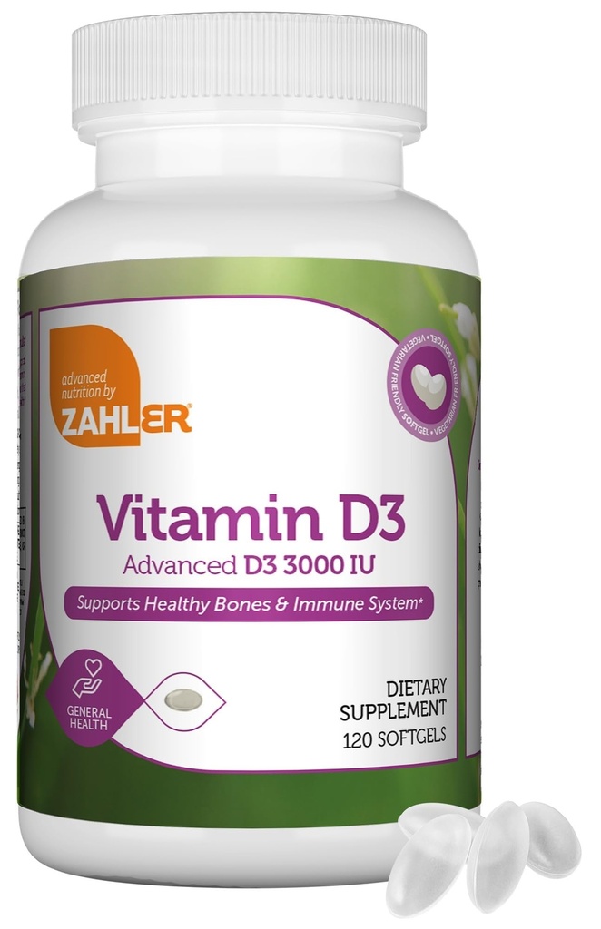 Zahler - Vitamina Avanzata D3 3000 IU Softgels (120 Count) Kosher Vitamina Per vegetariani Amichevole D per il supporto immunitario, Bone, denti e salute del muscolo - Supplemento giornaliero di vitamina D3 per gli adulti - Ingoia facile.