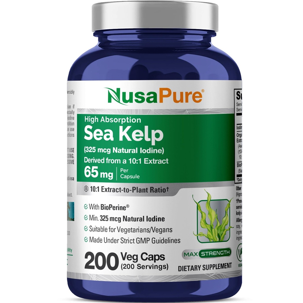 NusaPure Sea Kelp Natural Iodine 325mcg 10:1 Extract, 65 mg Equivalente a 650 mg Capsule 200 Count (non OGM, Vegan)