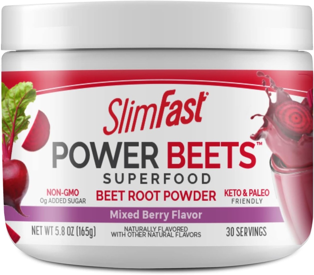 Polvere di radice di barbabietola SlimFast, Superfood di barbabietole di barbabietole, Miscela di bevanda di verdura fermentata, Keto & Paleo Friendly, Non OGM, Grande Smoothie Mix- Power Beets Misto aroma- 30 Serve (Pack di 1)
