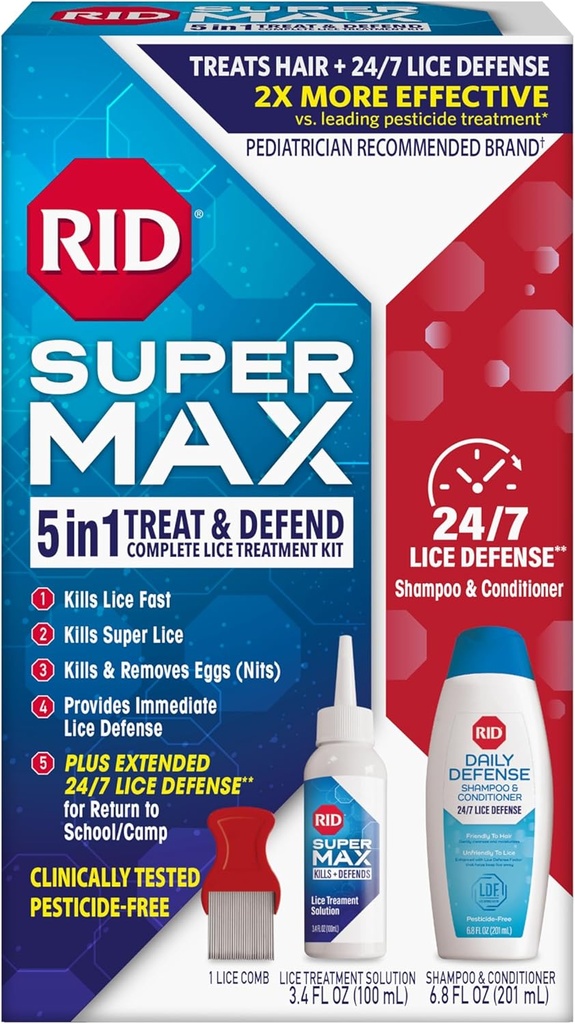 RID Super Max Lice Trattamento Kit, Uccide Lice & Super Lice & Uova + 24/7 Lice Defense, Pesticidi Gratis, 3.4 FL OZ Soluzione + 6.8 FL OZ Difesa giornaliera Shampoo & Condizionatore + Nit rimozione Comb