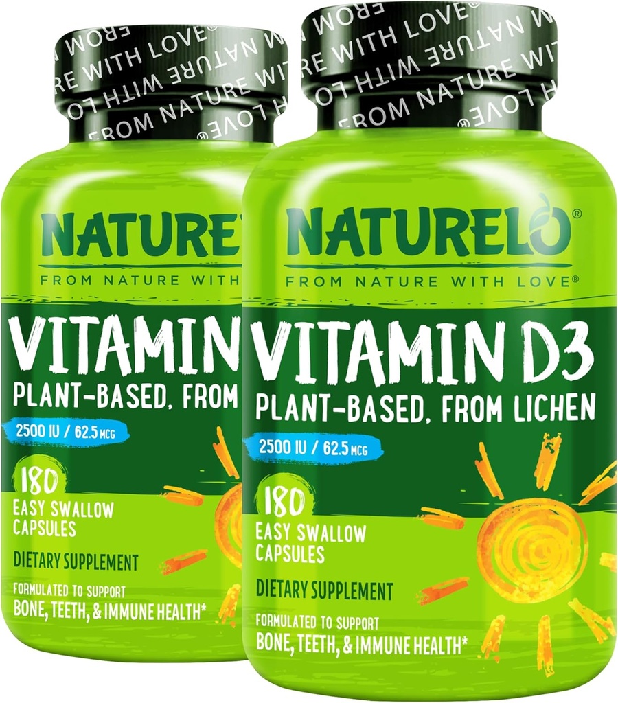 NATURELO Vitamina D - 2500 IU - Impianto Basato da Lichen - Integratore D3 Naturale per Sistema Immune, Supporto Bone, Salute Congiunta - Vegan - Non OGM - Gluten Free - 180 Capsule (Pack of 2)
