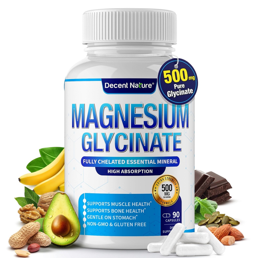 Magnesio Glycinate 500mg Magnesio Supplemento - Chelato per l'assorbimento elevato & Biodisponibilità Supporto Sonno, Muscolo, Bones, Cramps, Recupero & Energy, Vegan Non-GMO 90 Capsule