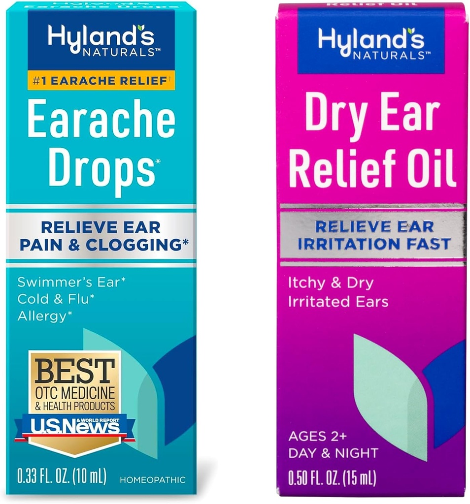 Bundle of Hyland's Earache Drops 0.33 Fl Oz e Dry Ear Relief Oil, Alleviare Ear Irritation Fast, per Itchy e Dry Irritated Ears, Ages 2 e up, Giorno e gocce di notte, 0.5 Ounce