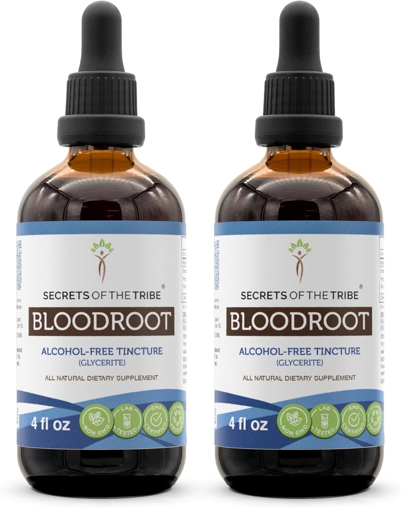 Segreti della Tribù Sangue Tintura Alcohol-Free Extract, Responsabilmente allevato Sangue (Sanguinaria Canadensis) Dried Root Tincture Supplement (2x4 FL OZ)