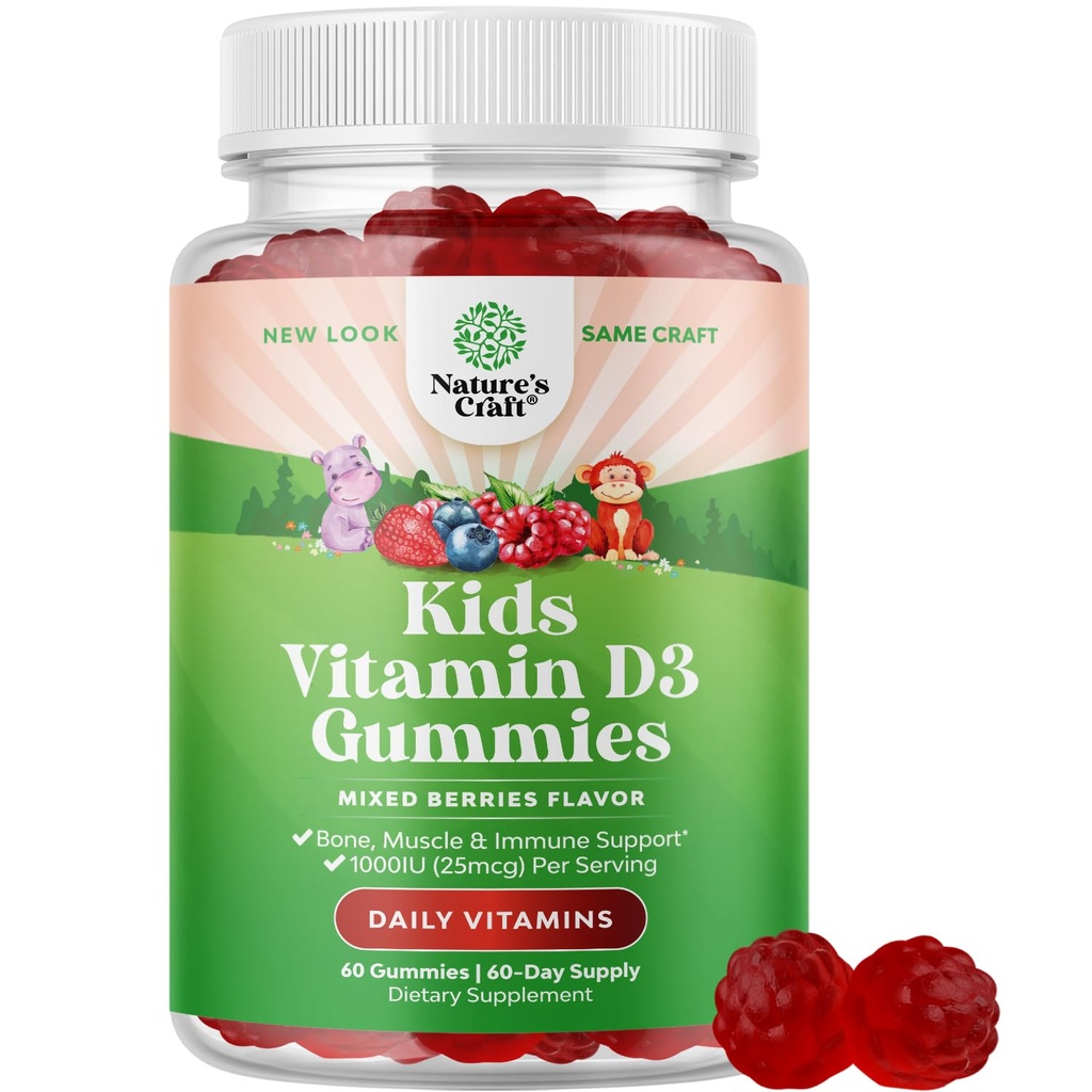 Masticabile vitamina D Gummies per bambini - Delicious Vitamin D 1000 IU Per Serving - Toddlers Immune Support Gummies - Berry Aromaed Supplemento per Bones Health & Muscles - Gelatin Free - 60 Chews