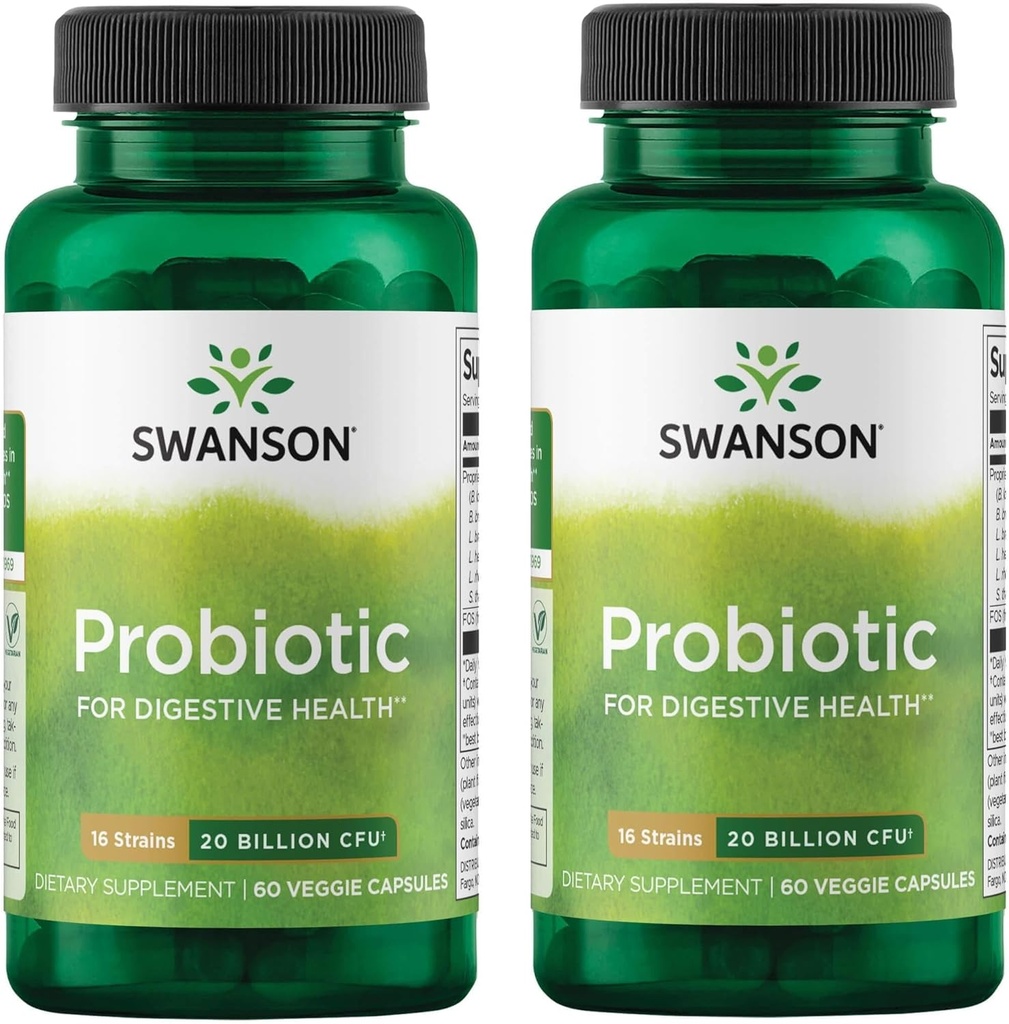 Swanson Probiotic per la salute digestiva GI Tratto Immune Support Travelers Support 20 miliardi di CFU con Prebiotic FOS 60 Veggie Capsule (Caps) (2 Pack)