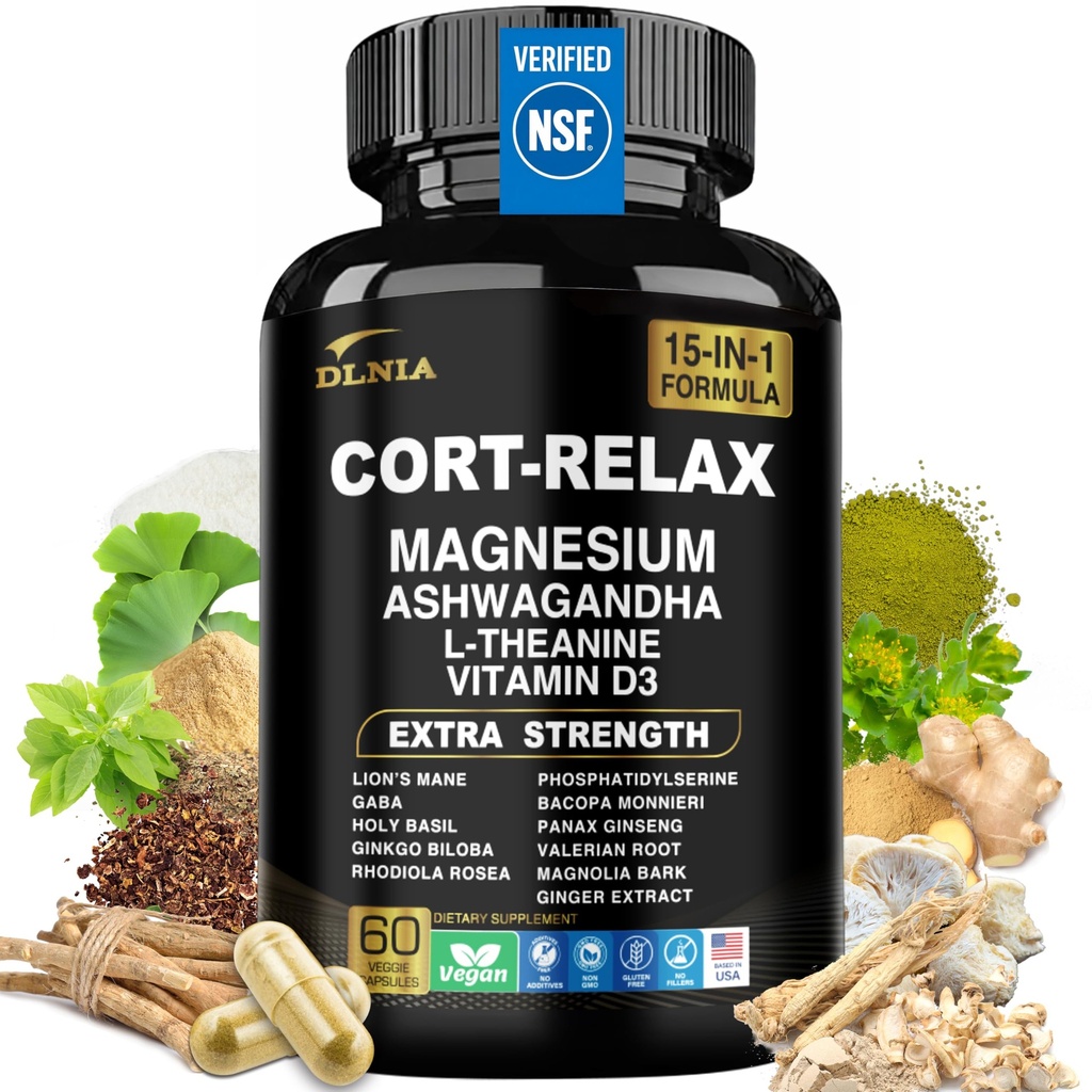 Super Calm Cortisol Supplemento con Magnesio Glycinate, Ashwagandha KSM-66, L-teanina, Phosphatidylserine, Ginkgo Biloba & Lions Mane per calma, messa a fuoco, Clarity mentale, Relax, sonno, energia