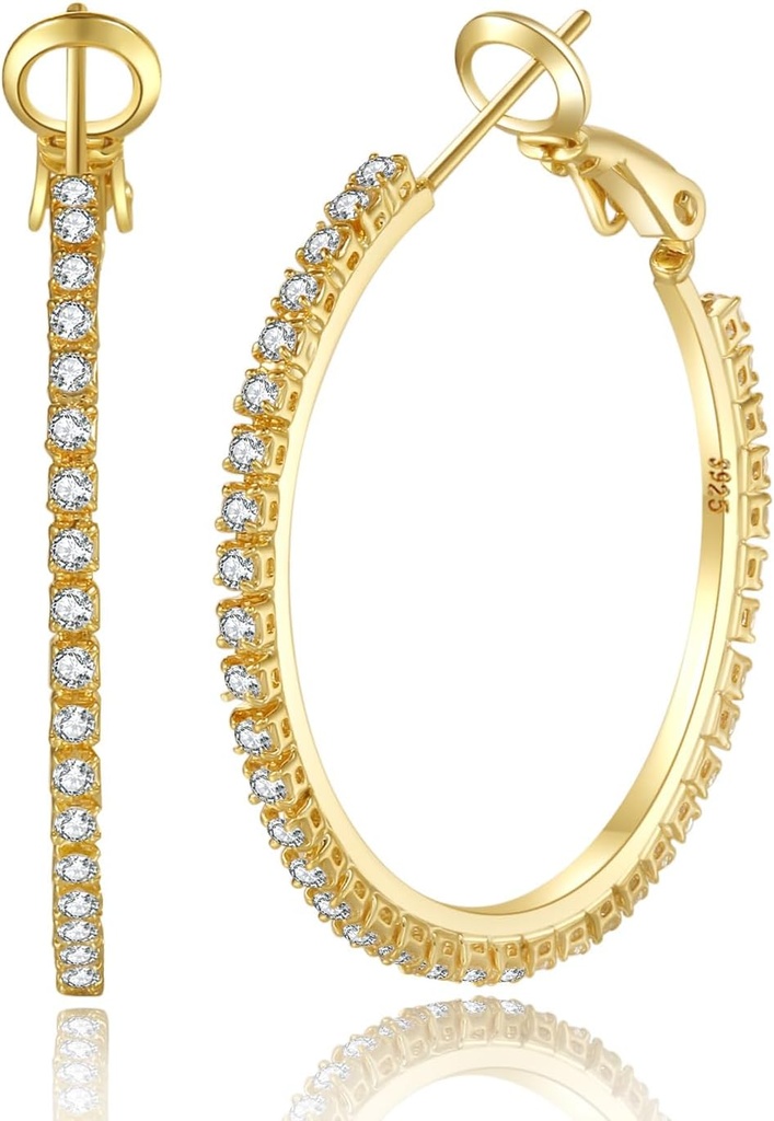 PABBEU 2mm 925 Sterling Silver Orecchini Big Sterling Silver Hoop orecchini per le donne Grande strass Hoop orecchini sottile anallergico Cubic Zirconia orecchini per le donne 30/40/50/60/70mm