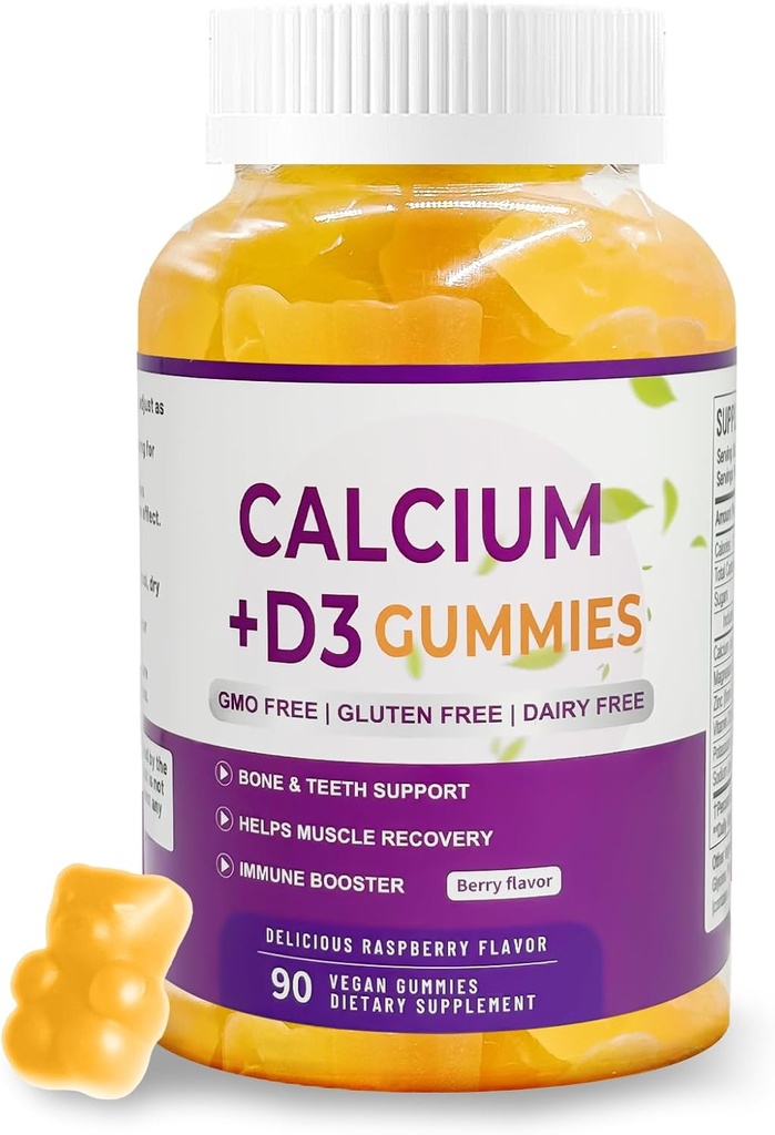 Calcio Magnesio Zinco Supplemento Gummies D3-90 compresse per bottiglia (Calcium 500mg - Magnesio 200mg - Zinc 10mg - Plus Vitamin - Per porzione di 2 compresse) Vegan Berry Flavor